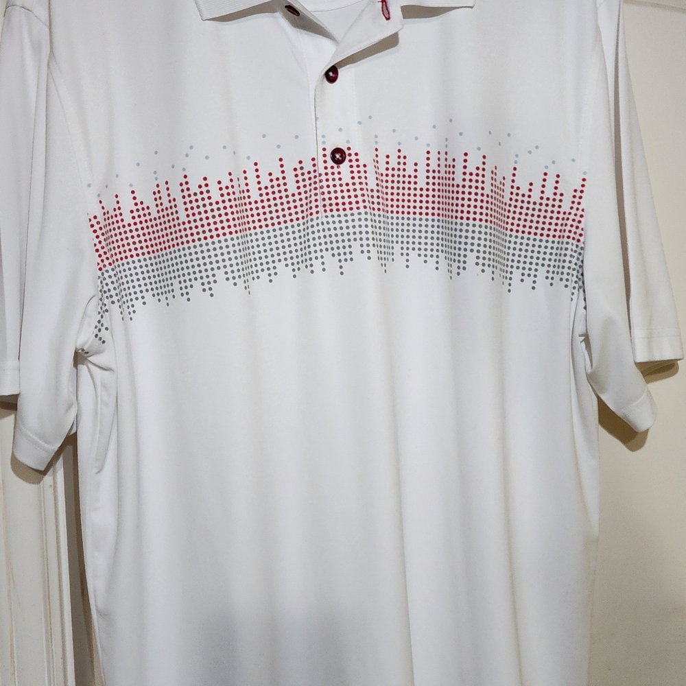 Greg Norman Collection White Polo with‎ Red and Gray Design